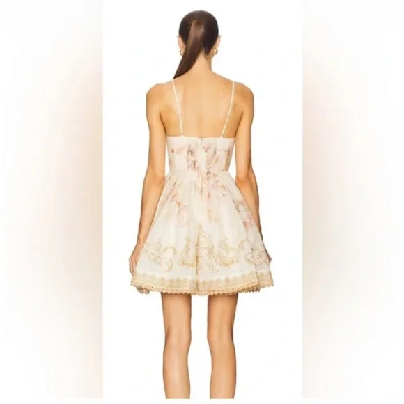 Zimmermann Hypnotic Plunge Neck Linen Silk Minidress In Cream Peony AU 3 US 10 - Picture 3 of 16